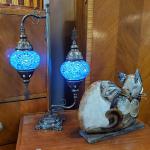Mosaic Double Lantern Lamp and Capiz Resting Cat Lamp